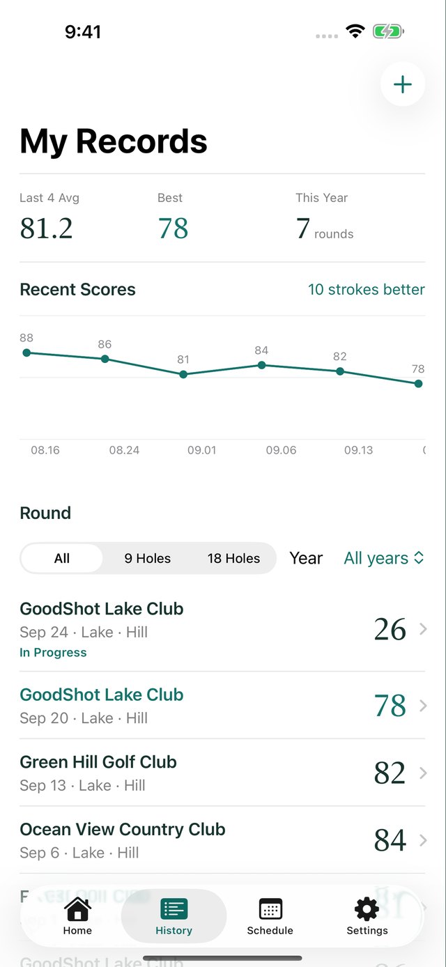 GoodShot history screen with average, best and score trend